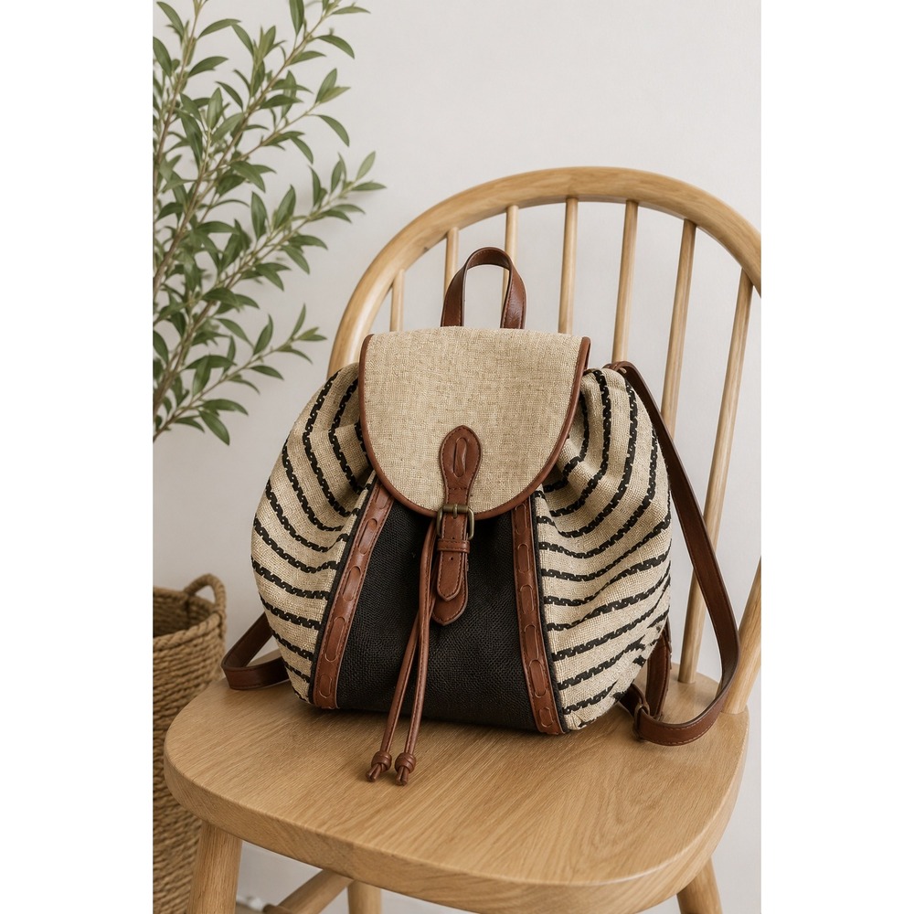 Lucky Brand Beige and Brown Striped Canvas Backpack